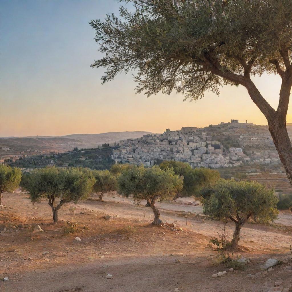 Terraced olive hills at dusk in Palestine.
